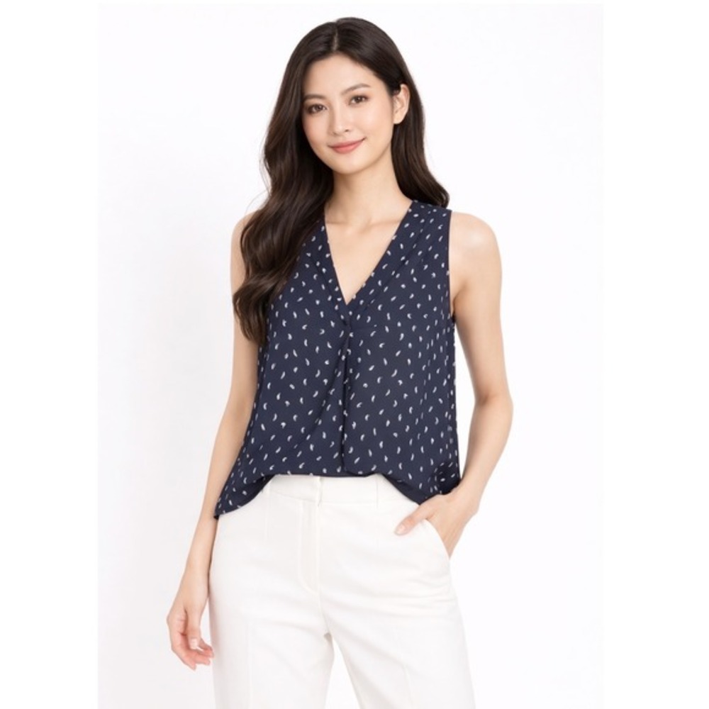 Ann Taylor Navy Blue White Abstract Print V-Neck Sleeveless Blouse Top XS 48-021